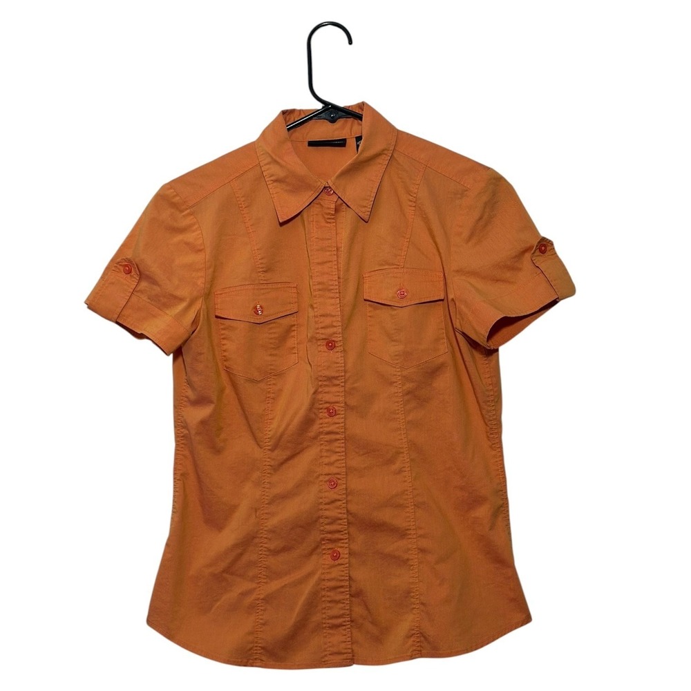 New York & Company Professional Orange Short Sleeve Button Up Top Women's Size S